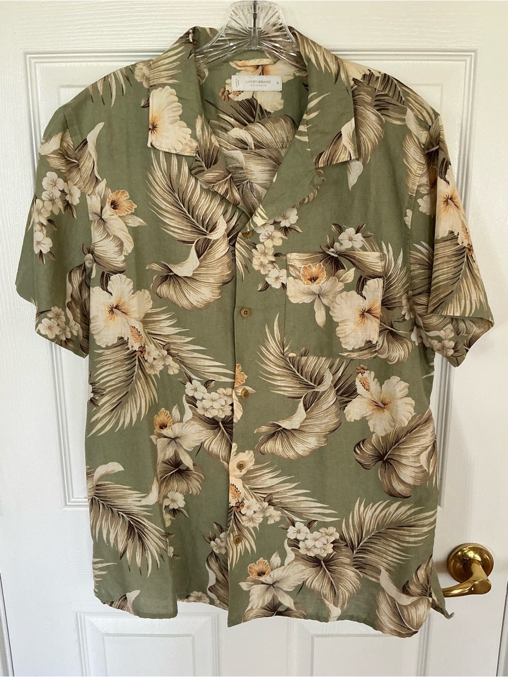 Lucky Brand Olive Green Tropical Floral Camp Shirt Size MED